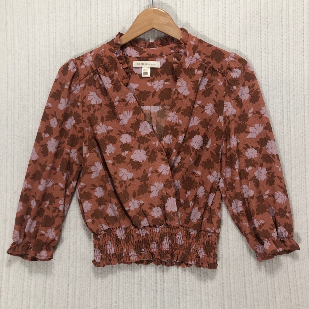 Monteau Los Angeles Floral Print Blouse Smocked Waist Ruffle Trim Copper - Picture 3 of 9